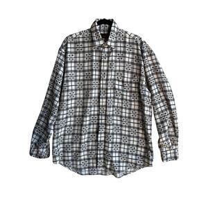 Metallic Men's Vintage Button Up Shirt Long Sleeve Geometric Square Medium